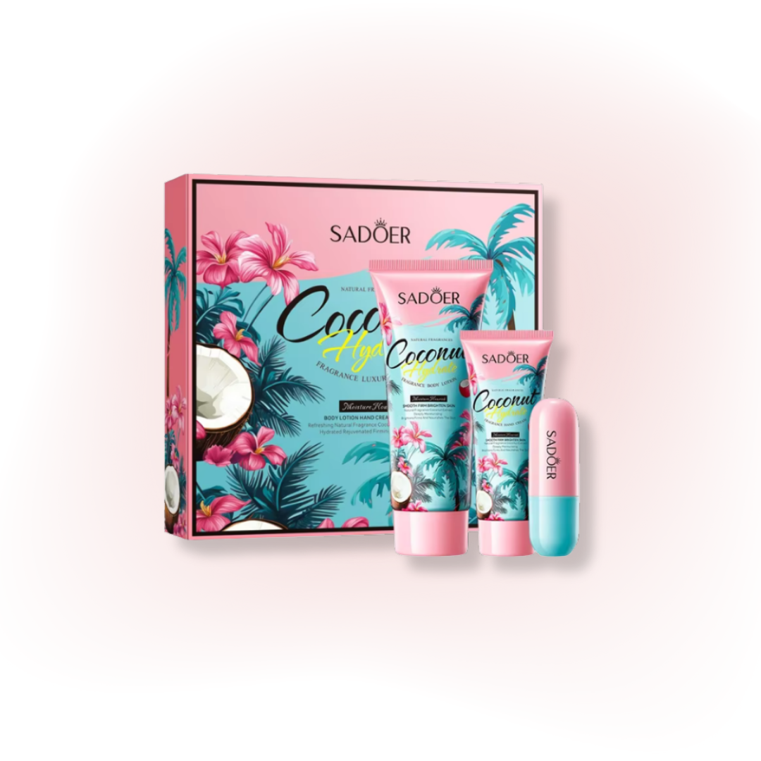 SADOER Coconut Hydrating Body Care Set – Body Lotion, Hand Cream & Lip Balm