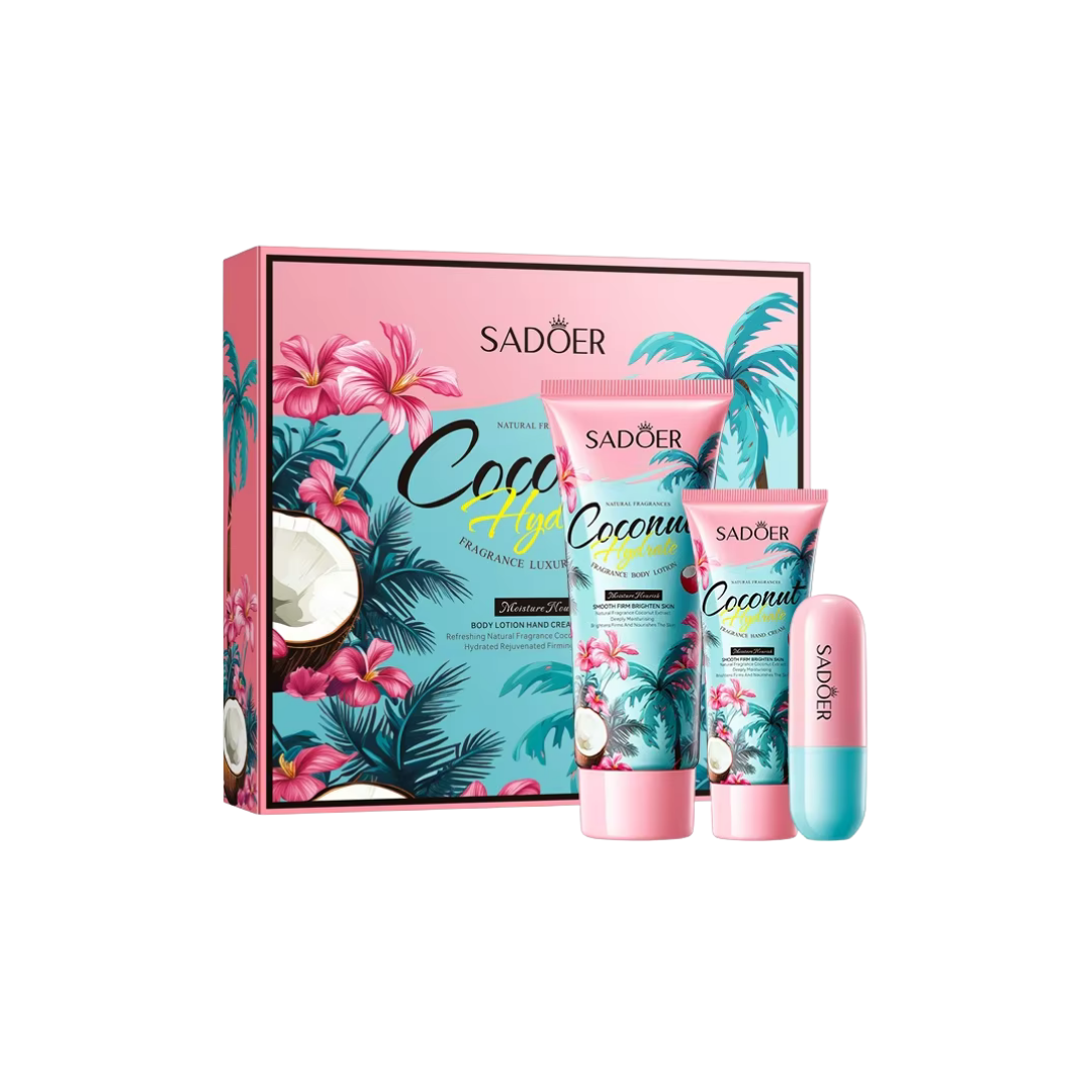 SADOER Coconut Hydrating Body Care Set – Body Lotion, Hand Cream & Lip Balm
