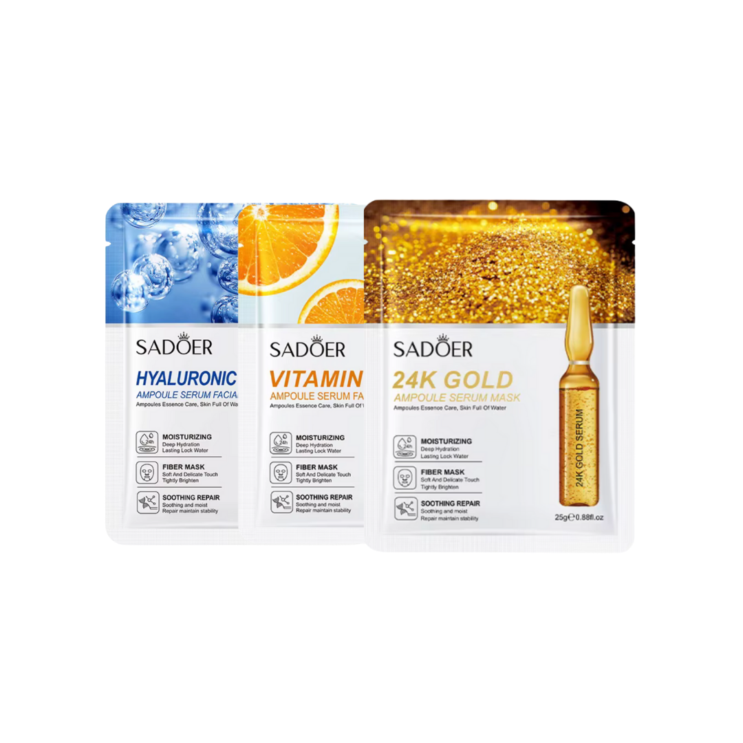 SADOER Ampoule Serum Sheet Mask Collection – Hyaluronic, Vitamin C & 24K Gold Care